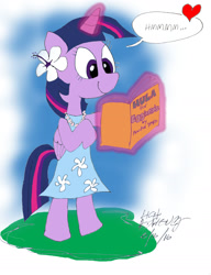 Size: 1512x1968 | Tagged: safe, artist:newportmuse, imported from derpibooru, hoofer steps, twilight sparkle, alicorn, pony, bipedal, book, clothes, dress, female, hawaii, heart, hula, hula dancing, hulalight, magic, solo, speech bubble, twilight sparkle (alicorn)