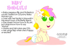 Size: 1500x1000 | Tagged: safe, artist:newportmuse, imported from derpibooru, honolu-loo, oc, oc only, oc:honolulu, pony, baby, baby pony, fact guide, hawaii, haywaii, reference sheet, solo