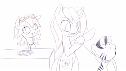Size: 3200x1800 | Tagged: dead source, safe, artist:an-m, imported from derpibooru, oc, oc only, oc:aryanne, oc:leonie, earth pony, pony, zebra, aryan, aryan pony, bipedal, black and white, blonde, c:, collar, female, food, goggles, grayscale, happy, heart, heil, leash, monochrome, national socialism, nazipone, pasta, pet, pony oc, red hair, sieg heil, simple background, slave, spaghetti, swastika, table, white background