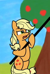 Size: 800x1200 | Tagged: safe, imported from derpibooru, applejack, apple, apple tree, female, food, meme, solo, stick