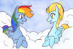 Size: 428x288 | Tagged: safe, artist:enuwey, imported from derpibooru, lightning dust, rainbow dash, cloud, prone, traditional art