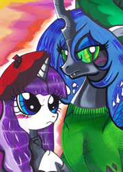 Size: 515x714 | Tagged: safe, artist:aurora-chiaro, imported from derpibooru, queen chrysalis, rarity, changeling, changeling queen, unicorn, beatnik rarity, beret, clothes, female, hat, sweater, traditional art