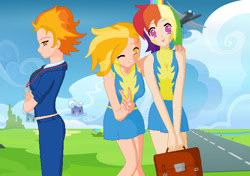 Size: 641x451 | Tagged: safe, artist:rarity-pie, imported from derpibooru, lightning dust, rainbow dash, spitfire, human, wonderbolts academy, clothes, cute, friendship, humanized, photo, skirt, smiling, wonderbolts uniform