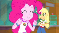 Size: 640x360 | Tagged: safe, imported from derpibooru, screencap, applejack, pinkie pie, equestria girls, legend of everfree, animated, beautiful, blonde, bouncing, cute, diapinkes, female, gif, hatless, missing accessory