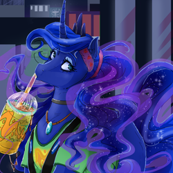 Size: 950x950 | Tagged: safe, artist:chocolateponi, imported from derpibooru, princess luna, 7-eleven, alternate hairstyle, chest fluff, choker, clothes, ear fluff, female, jewelry, necklace, ponytail, slurpee, solo, t-shirt