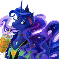 Size: 950x950 | Tagged: safe, artist:chocolateponi, imported from derpibooru, princess luna, 7-eleven, alternate hairstyle, chest fluff, choker, clothes, ear fluff, female, jewelry, necklace, ponytail, simple background, slurpee, solo, t-shirt, transparent background