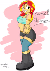 Size: 2480x3507 | Tagged: safe, artist:vermilion slap, imported from derpibooru, sunset shimmer, equestria girls, armlet, belly button, boots, bracelet, breasts, busty sunset shimmer, clothes, female, jewelry, pixiv, rock on, shorts, socks, solo, thigh highs, torn clothes, wide hips