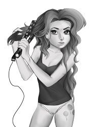 Size: 1450x2000 | Tagged: safe, artist:bird-chii, imported from derpibooru, pinkie pie, human, breasts, cleavage, clothes, curling iron, female, frilly underwear, grayscale, humanized, looking at you, monochrome, panties, simple background, solo, tanktop, transparent background, underwear