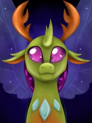 Size: 1536x2048 | Tagged: safe, artist:denigirl, imported from derpibooru, thorax, changedling, changeling, to where and back again, :3, blue background, bust, cute, gradient background, king thorax, looking at you, male, simple background, smiling, solo, spread wings, thorabetes