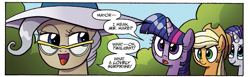 Size: 1353x418 | Tagged: safe, artist:agnesgarbowska, idw, imported from derpibooru, applejack, mayor mare, rarity, twilight sparkle, alicorn, pony, spoiler:comic, spoiler:comic47, cropped, female, mare, official comic, speech bubble, twilight sparkle (alicorn)