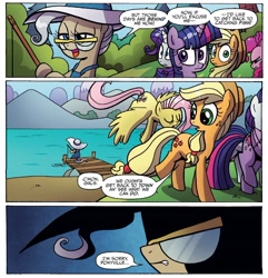 Size: 1336x1385 | Tagged: safe, artist:agnesgarbowska, idw, imported from derpibooru, applejack, fluttershy, mayor mare, pinkie pie, rarity, twilight sparkle, alicorn, earth pony, pony, spoiler:comic, spoiler:comic47, comic, cropped, female, fishing, lake, mare, official comic, speech bubble, twilight sparkle (alicorn)