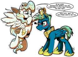 Size: 3263x2383 | Tagged: safe, artist:gray--day, imported from derpibooru, sky stinger, vapor trail, pegasus, pony, top bolt, blushing, cardboard, chest fluff, cute, dialogue, duo, embarrassed, female, giggling, male, mare, nose wrinkle, pretty, pretty princess, princess of flying, simple background, speech bubble, stallion, transparent background, wing fluff