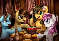 Size: 3701x2550 | Tagged: safe, artist:pridark, imported from derpibooru, oc, oc only, earth pony, pegasus, pony, unicorn, bread, chair, commission, dining room, fondue, food, fork, glass, hoof hold, open mouth, plate, signature, sitting, table