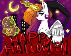 Size: 1792x1411 | Tagged: safe, artist:oreomonsterr, imported from derpibooru, princess celestia, female, glowing horn, halloween, hat, jack-o-lantern, magic, moon, night, nightmare night, pumpkin, pumpkin bucket, solo, telekinesis, witch hat