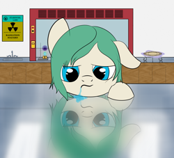 Size: 6600x6000 | Tagged: safe, artist:candylines, imported from derpibooru, oc, oc only, oc:emerald spark, fallout equestria, absurd resolution, drool, laboratory, reflection, solo