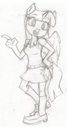 Size: 320x604 | Tagged: safe, artist:dertikleen, imported from derpibooru, twilight sparkle, alicorn, anthro, plantigrade anthro, clothes, cutie mark, cutie mark on clothes, female, grayscale, looking at you, monochrome, open mouth, simple background, skirt, solo, traditional art, twilight sparkle (alicorn), white background