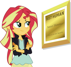 Size: 1093x1024 | Tagged: safe, imported from derpibooru, sunset shimmer, equestria girls, best human, blushing, crossed arms, exploitable meme, female, inverted mouth, meme, plaque, simple background, smiling, solo, sunset's picture frame, the truth, transparent background, vector