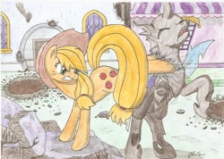 Size: 2336x1664 | Tagged: safe, artist:stardustchild01, imported from derpibooru, applejack, changeling, a canterlot wedding, bucking, crater, traditional art