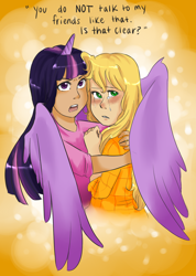 Size: 1024x1442 | Tagged: safe, artist:shayleewolf, imported from derpibooru, applejack, twilight sparkle, human, crying, female, horned humanization, humanized, protecting, twilight sparkle (alicorn), winged humanization