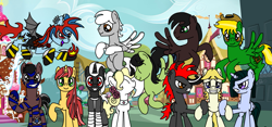 Size: 1491x696 | Tagged: safe, artist:tay-houby, imported from derpibooru, oc, oc only, oc:blackshadow, oc:dixketl, oc:rainingfire, oc:summerwind, oc:tay, oc:tohui, oc:xjblack, oc:yellowstar, alicorn, bat pony, earth pony, pegasus, pony, unicorn, alicorn oc