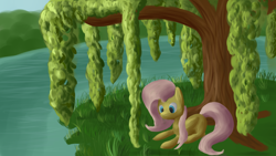 Size: 3840x2160 | Tagged: safe, artist:uber-dragon, imported from derpibooru, fluttershy, female, grass, lying down, prone, river, solo, tree, under the tree, water