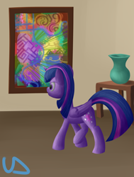 Size: 2160x2860 | Tagged: safe, artist:uber-dragon, imported from derpibooru, twilight sparkle, alicorn, pony, abstract art, dada, female, modern art, museum, picture frame, solo, table, twilight sparkle (alicorn), vase, walking