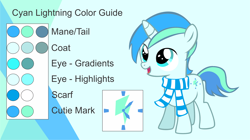 Size: 1930x1084 | Tagged: safe, artist:cyanlightning, imported from derpibooru, oc, oc only, oc:cyan lightning, pony, unicorn, clothes, colt, male, reference sheet, scarf, solo