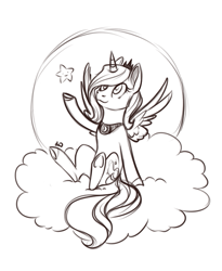 Size: 495x604 | Tagged: safe, artist:28gooddays, imported from derpibooru, princess luna, black and white, cloud, female, grayscale, monochrome, simple background, sketch, solo, spread wings, stars, underhoof, white background