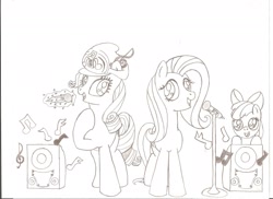 Size: 2338x1700 | Tagged: safe, artist:tay-houby, imported from derpibooru, apple bloom, fluttershy, rarity, black and white, grayscale, hat, karaoke, microphone, monochrome, music, music notes