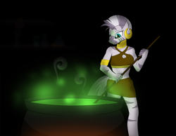 Size: 1650x1281 | Tagged: safe, artist:glaive-silver, imported from derpibooru, zecora, anthro, zebra, alchemy, cauldron, clothes, dark background, female, simple background, solo, stick