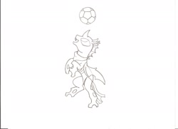 Size: 2338x1700 | Tagged: safe, artist:tay-houby, imported from derpibooru, oc, oc only, oc:kid, changeling, ball, black and white, changeling oc, grayscale, monochrome, solo, traditional art