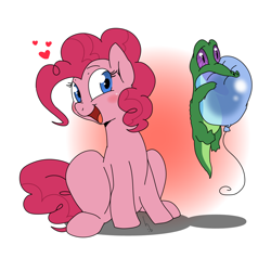 Size: 1000x950 | Tagged: safe, artist:haden-2375, imported from derpibooru, gummy, pinkie pie, earth pony, pony, balloon, blushing, cute, diapinkes, duo, female, heart, looking at you, mare, open mouth, sitting