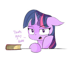 Size: 2000x1600 | Tagged: safe, artist:malphee, imported from derpibooru, twilight sparkle, book, dialogue, female, floppy ears, looking at you, open mouth, simple background, solo, that's gay, twilight is not amused, twilight sparkle is not amused, unamused, white background