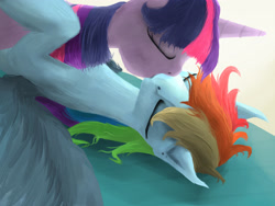 Size: 3185x2395 | Tagged: safe, artist:sharpieboss, imported from derpibooru, rainbow dash, twilight sparkle, pegasus, pony, unicorn, duo, eyes closed, female, kiss on the lips, kissing, lesbian, mare, shipping, twidash, unicorn twilight