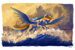 Size: 1772x1181 | Tagged: safe, artist:plainoasis, imported from derpibooru, rainbow dash, cloud, female, flying, smiling, solo, spread wings, water, wave