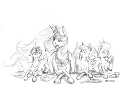 Size: 1400x938 | Tagged: safe, artist:baron engel, imported from derpibooru, princess celestia, oc, oc:blood feather, oc:phoenix, oc:quick silver, grayscale, lying down, magic, monochrome, pencil drawing, simple background, sketch, story included, traditional art, white background