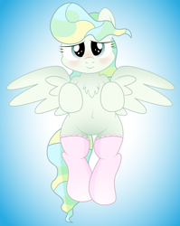 Size: 2786x3500 | Tagged: safe, artist:an-tonio, imported from derpibooru, vapor trail, belly button, blushing, chest fluff, clothes, female, fluffy, lidded eyes, looking at you, smiling, socks, solo, spread wings