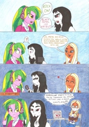 Size: 1024x1454 | Tagged: safe, artist:metaldudepl666, imported from derpibooru, lemon zest, oc, oc:shadow sketch, equestria girls, :3, black metal, black metal ist kreig, cloth gag, comic, dialogue, gag, metal, metallica, rock, rock (music), rock on, song reference, thrash metal, tied up, watermark, whiplash (song)