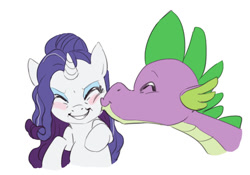 Size: 900x630 | Tagged: safe, artist:carnifex, imported from derpibooru, rarity, spike, dragon, pony, unicorn, blushing, cheek kiss, cute, duo, eyes closed, female, grin, kissing, male, older, older spike, shipping, simple background, smiling, sparity, squishy cheeks, straight, white background