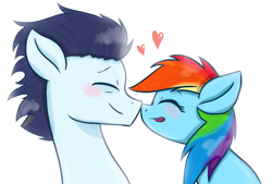 Size: 1101x744 | Tagged: safe, artist:sisirr, imported from derpibooru, rainbow dash, soarin', pony, blushing, boop, male, noseboop, shipping, soarindash, straight