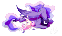 Size: 2234x1300 | Tagged: safe, artist:cabbion, imported from derpibooru, princess celestia, princess luna, alicorn, pony, age regression, annoyed, cewestia, cute, feather, filly, lidded eyes, on back, open mouth, pink-mane celestia, prone, simple background, smiling, unshorn fetlocks, white background, younger