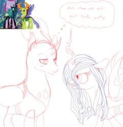 Size: 1100x1140 | Tagged: safe, artist:unoriginai, imported from derpibooru, queen chrysalis, thorax, changedling, changeling, to where and back again, chrysarax, king thorax, screencap reference, shipping, wip