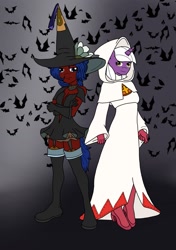 Size: 1039x1476 | Tagged: safe, artist:linedraweer, imported from derpibooru, oc, oc only, oc:brightmane, oc:emberfrost, anthro, bat, plantigrade anthro, anthro oc, clothes, commission, costume, halloween, hat