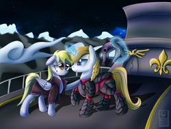 Size: 1280x960 | Tagged: safe, artist:elmutanto, imported from derpibooru, derpy hooves, prince blueblood, pegasus, pony, fanfic:where is my love?, airship, alternate universe, armor, clothes, coat, derpblood, fanfic, fanfic art, female, levitation, magic, male, mare, mountain, mountain range, night, prince blueblood gets all the mares, romance, shipping, straight, telekinesis