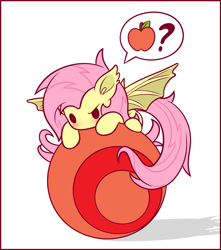 Size: 1125x1275 | Tagged: safe, artist:symbianl, imported from derpibooru, part of a set, fluttershy, bat pony, pony, apple, ball, blushing, chibi, confused, cute, ear fluff, female, flutterbat, food, nom, part of a series, prone, question mark, race swap, raised eyebrow, shadow, shyabates, shyabetes, simple background, solo, spread wings, symbianl's chibis, white background