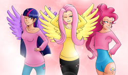 Size: 1500x883 | Tagged: safe, artist:jessiexie, imported from derpibooru, fluttershy, pinkie pie, twilight sparkle, human, clothes, flutterr mlh, horned humanization, humanized, leotard, one eye closed, pants, shirt, spread wings, twilight sparkle (alicorn), winged humanization, wink