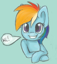 Size: 771x861 | Tagged: safe, artist:dbleki, imported from derpibooru, rainbow dash, blue background, cute, dashabetes, female, grin, looking at you, simple background, smiling, solo, traditional art