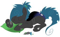 Size: 929x567 | Tagged: safe, artist:divergentassailant, artist:ponyponyena, imported from derpibooru, oc, oc only, oc:flightless, changeling, changeling oc, color palette, hair tie, pillow, scar, simple background, sleeping, solo, transparent background