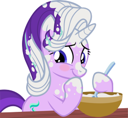 Size: 3211x2968 | Tagged: safe, artist:ironm17, imported from derpibooru, starlight glimmer, pony, unicorn, every little thing she does, baking, blushing, cute, embarrassed, female, flour, glimmerbetes, looking back, mare, messy, raised hoof, simple background, smiling, solo, spoon, table, transparent background, vector