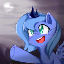 Size: 512x512 | Tagged: safe, artist:mikedom, imported from derpibooru, princess luna, :d, colored pupils, cute, female, filly, gray background, looking at something, lunabetes, moon, open mouth, reaching, simple background, smiling, solo, spread wings, underhoof, woona, younger